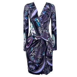 EMILIO PUCCI Purple Floral Print Long Sleeve V-Neck Wrap Mini Dress Size…